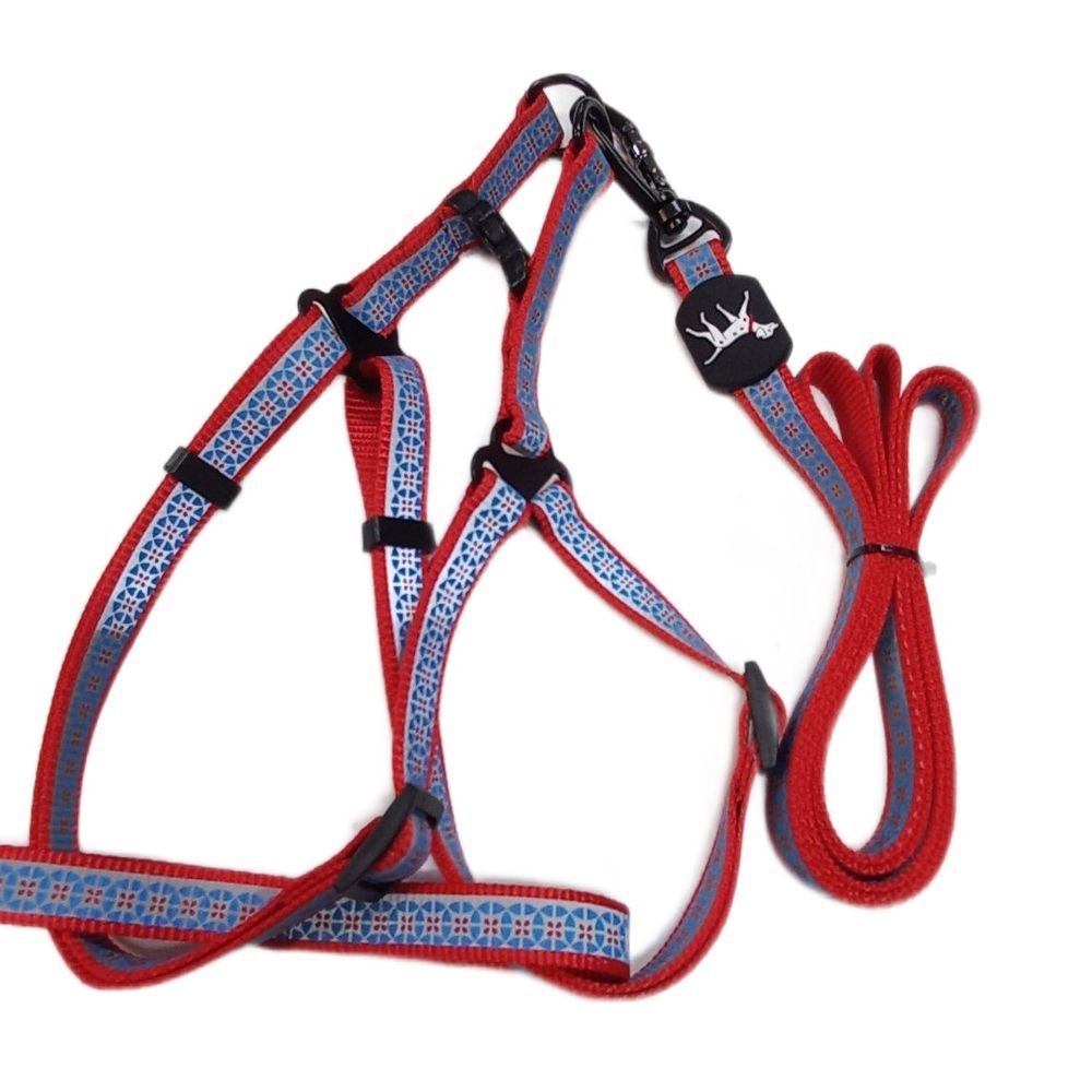 Светоотражающий поводок + шлейка для домашних животных. ”Цветок”. Цвет: красный