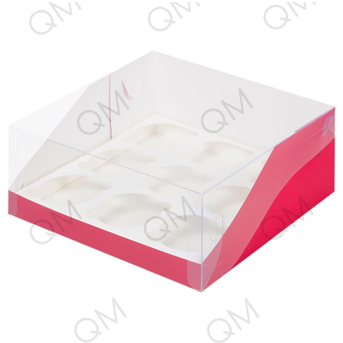 Коробка под капкейки с пластиковой крышкой 235*235*100 мм (9) (красная), 50шт