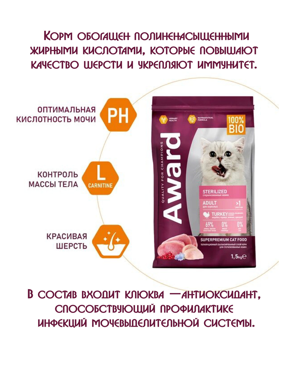 Сухой корм для взрослых стерилизованных кошек. Индейка и курица