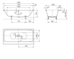 Стальная ванна Kaldewei ASYMMETRIC DUO, Mod.744, размер 1900*1000*420, Easy clean, alpine white, без ножек