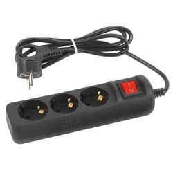 Удлинитель электрический ЭРА UX-3es-1,5m-B с заземлением с выключателем 3 розетки 1,5 м ПВС 3x0,75мм2 черный | Бытовые удлинители