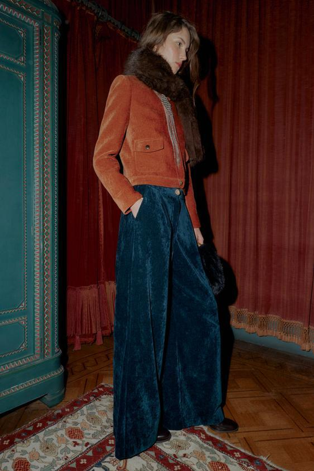 ZARA ШИРОКИЕ БРЮКИ ИЗ ВЕЛЬВЕТА, УТИНО-ЗЕЛЕНЫЙ