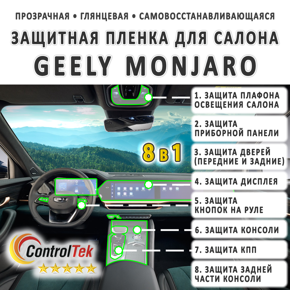 Geely Monjaro (2023) - комплект защитных пленок 8 в 1. Пленка защитная ControlTek HYBRID со слоем TOP COAT. Толщина: 6 mil. (175 мкм.)