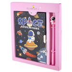 Записная книжка в футляре, 20 см * 22,5 см, 7БЦ, Alingar, мат. ламинация, ручка, замочек, линия, 50 л., "Космос, приключения", розовый