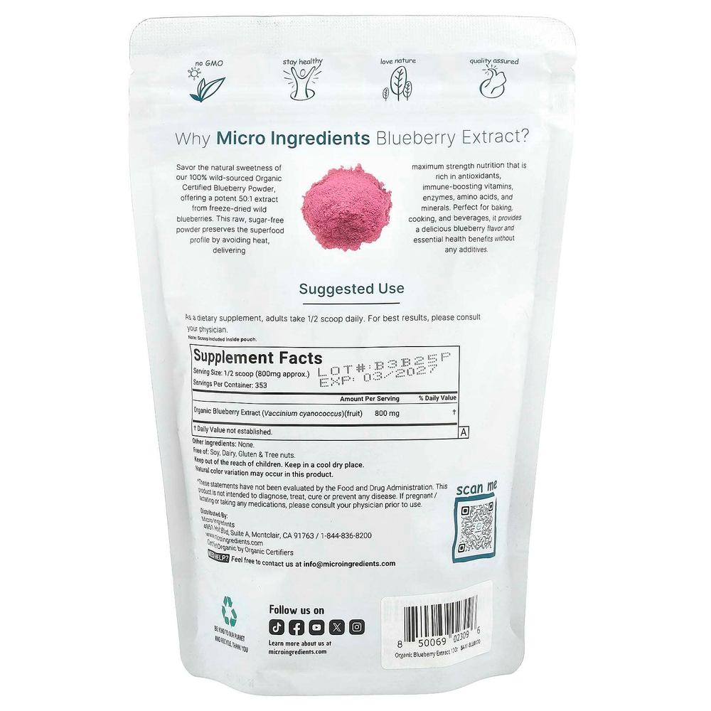 Micro Ingredients, Органический, лиофилизированный экстракт голубики, 283 г (10 унций)