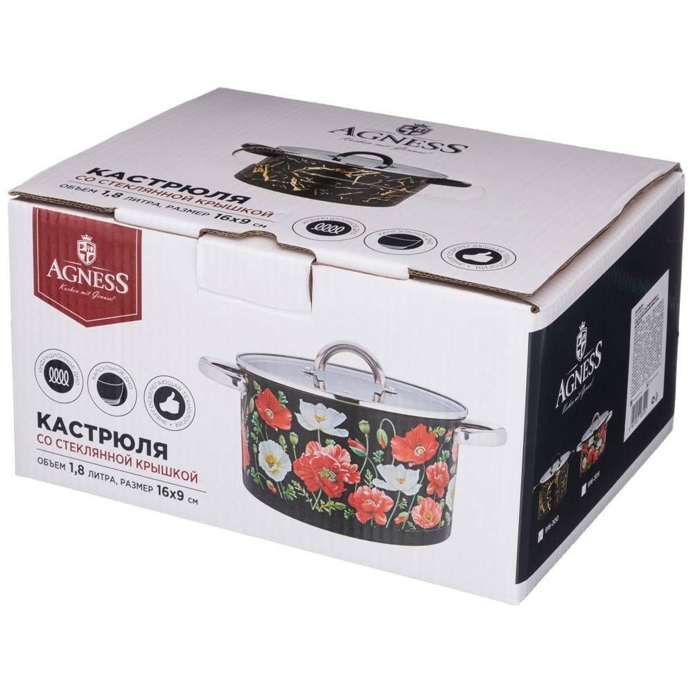КАСТРЮЛЯ AGNESS "МАКИ" СО СТЕКЛЯННОЙ КРЫШКОЙ, НЕРЖ.СТАЛЬ, 1,5Л 16Х9 СМ