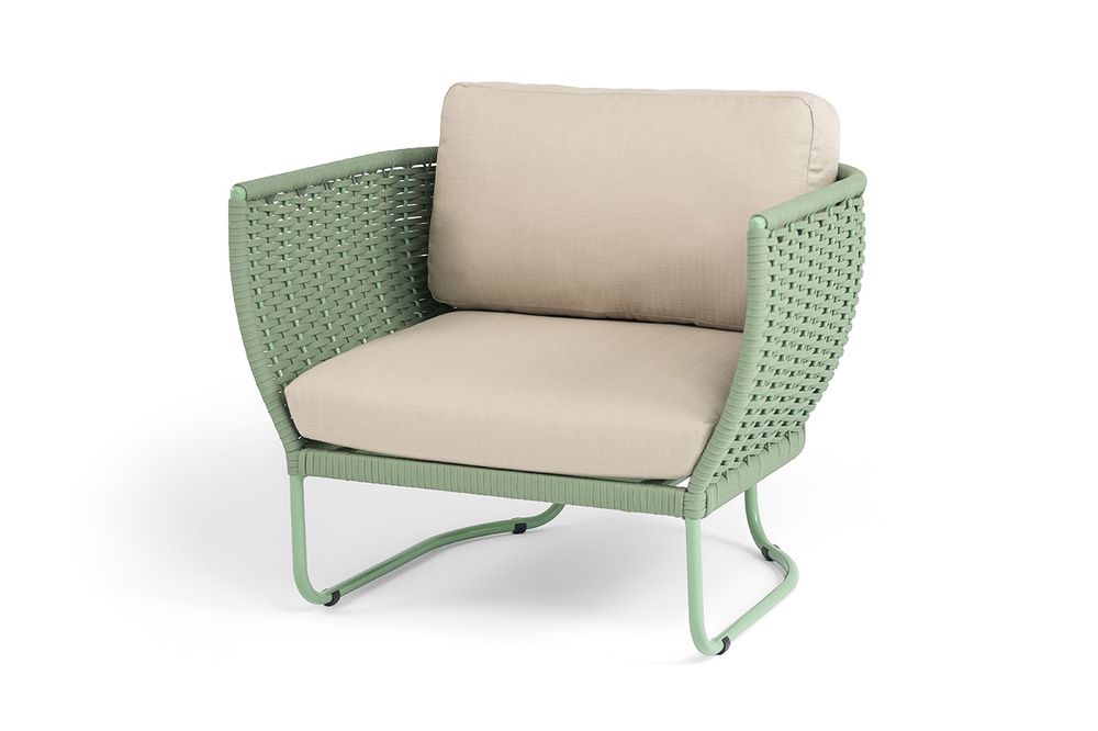 "Фиджи" кресло плетеное из роупа, каркас алюминий (RAL6021) глянец, роуп зеленый (4204) круглый tex/KT18-0024, 15 мм tex, ткань Mossle бежевая