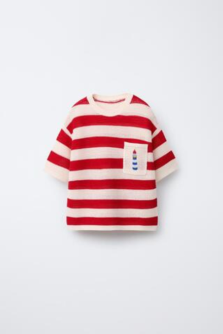 ZARA ТРИКОТАЖНАЯ ФУТБОЛКА В ПОЛОСКУ С ВЫШИВКОЙ «МАЯК», ЭКРЮ/КРАСНЫЙ