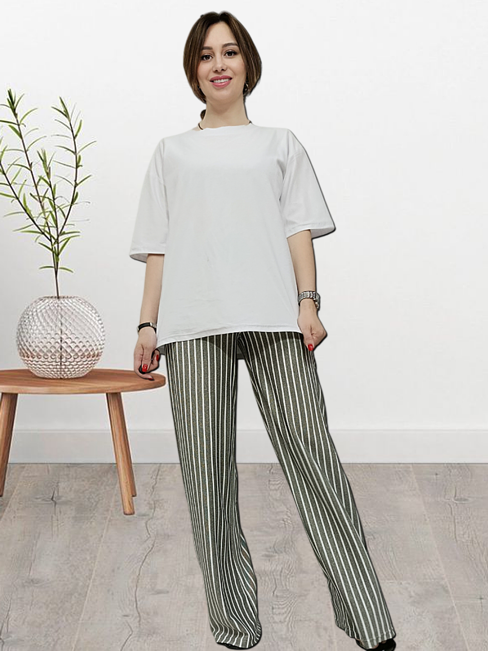 20623 Брюки-палаццо женские пике серо/белая полоска (56)