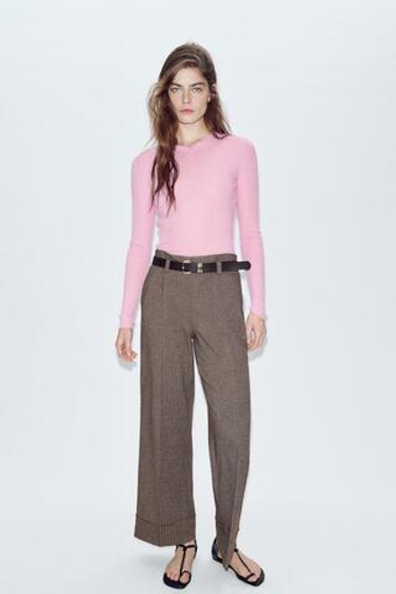 ZARA БРЮКИ В ЕЛОЧКУ С РЕМНЕМ, КОРИЧНЕВЫЙ