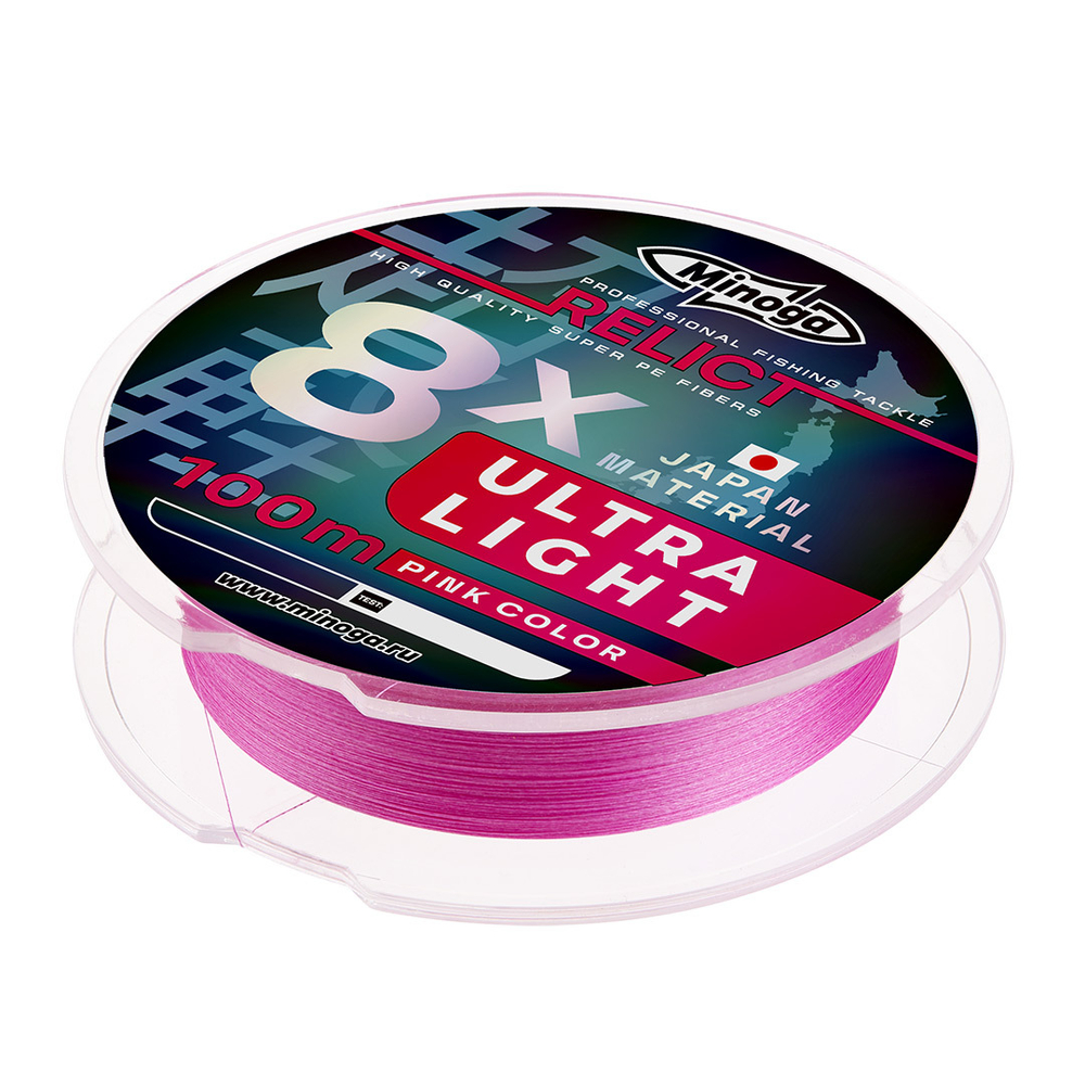 Шнур Minoga RELICT ULTRALIGHT PINK X8, 100 m., 0,6PE, d 0,128 mm. , test 3,85 kg.