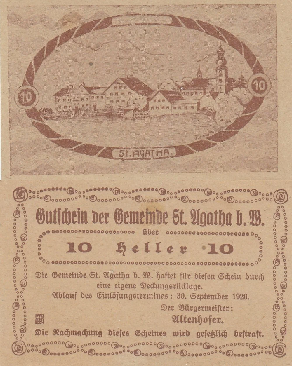 Австрия 10 геллеров 1920 Санкт Агата aUNC