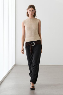 Massimo Dutti Трикотажный топ со льном, бежевый