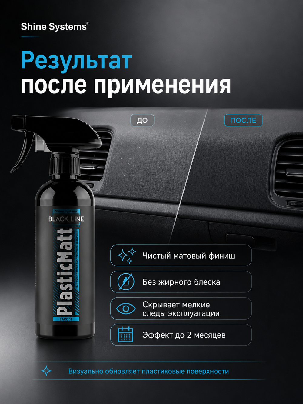 Shine Systems Black Line PlasticMatt Lacost - матовый полироль для пластика и винила салона, 400 мл