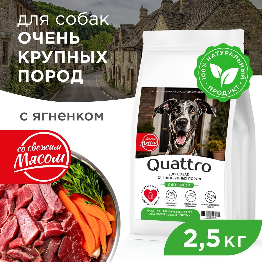 Корм сухой для взрослых собак очень крупных пород, премиум полнорационный сбалансированный, с ягненком, 2,5 кг, QUATTRO