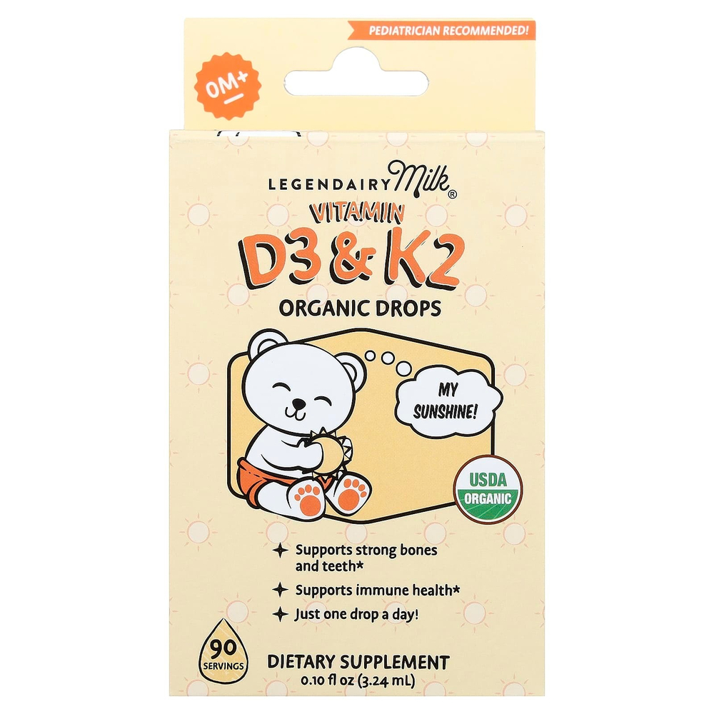 Legendairy Milk, органические витамины D3 и K2, в каплях, для детей старше месяца, 3,24 мл (0,1 жидк. унции)
