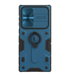 Чехол синего цвета от Nillkin серия CamShield Armor для Samsung Galaxy S22 Ultra, с кольцом и металлической защитной шторкой для камеры
