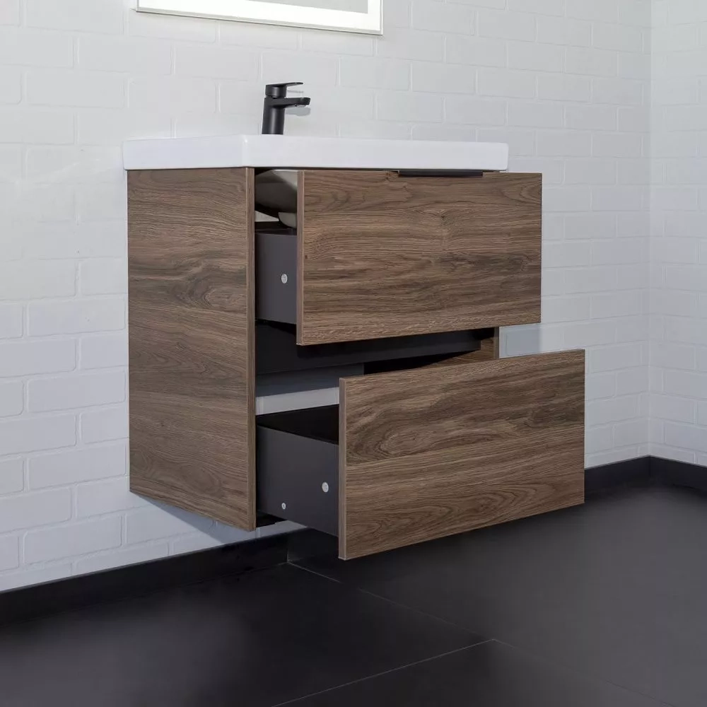 Подвесная тумба-умывальник Comforty Селенга-60 дуб тёмно-коричневый с раковиной CF19696BX-60