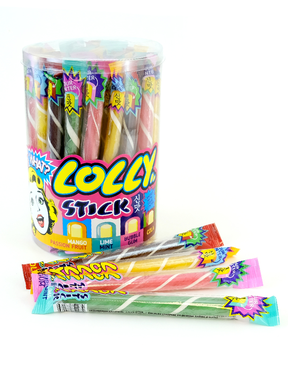 Леденцовая карамель "LOLLY STICK" с кислым центром, ассорти вкусов 30г*50шт*6 банок