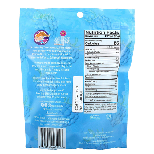 Zollipops, The Clean Teeth Pops, голубая малина, 3,1 унции