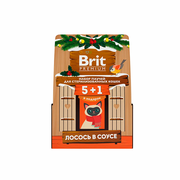 Набор паучей Brit Premium с лососем, кусочки в соусе, для взр. стерили. кошек, 5+1, кормушка, 510 г.