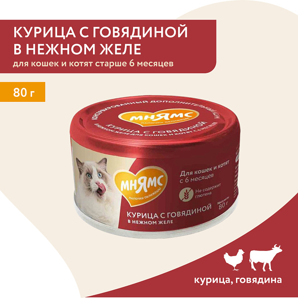Влажный дополнительный корм для кошек и котят старше 6 месяцев Мнямс на каждый день курица с говядиной в нежном желе 80 г 24 шт