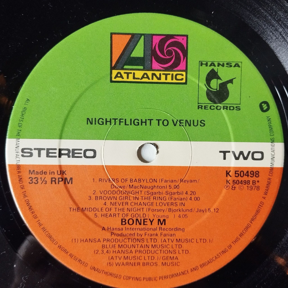 Винтажная виниловая пластинка LP Бони М Boney M Nightflight To Venus (UK 1978) Rasputin