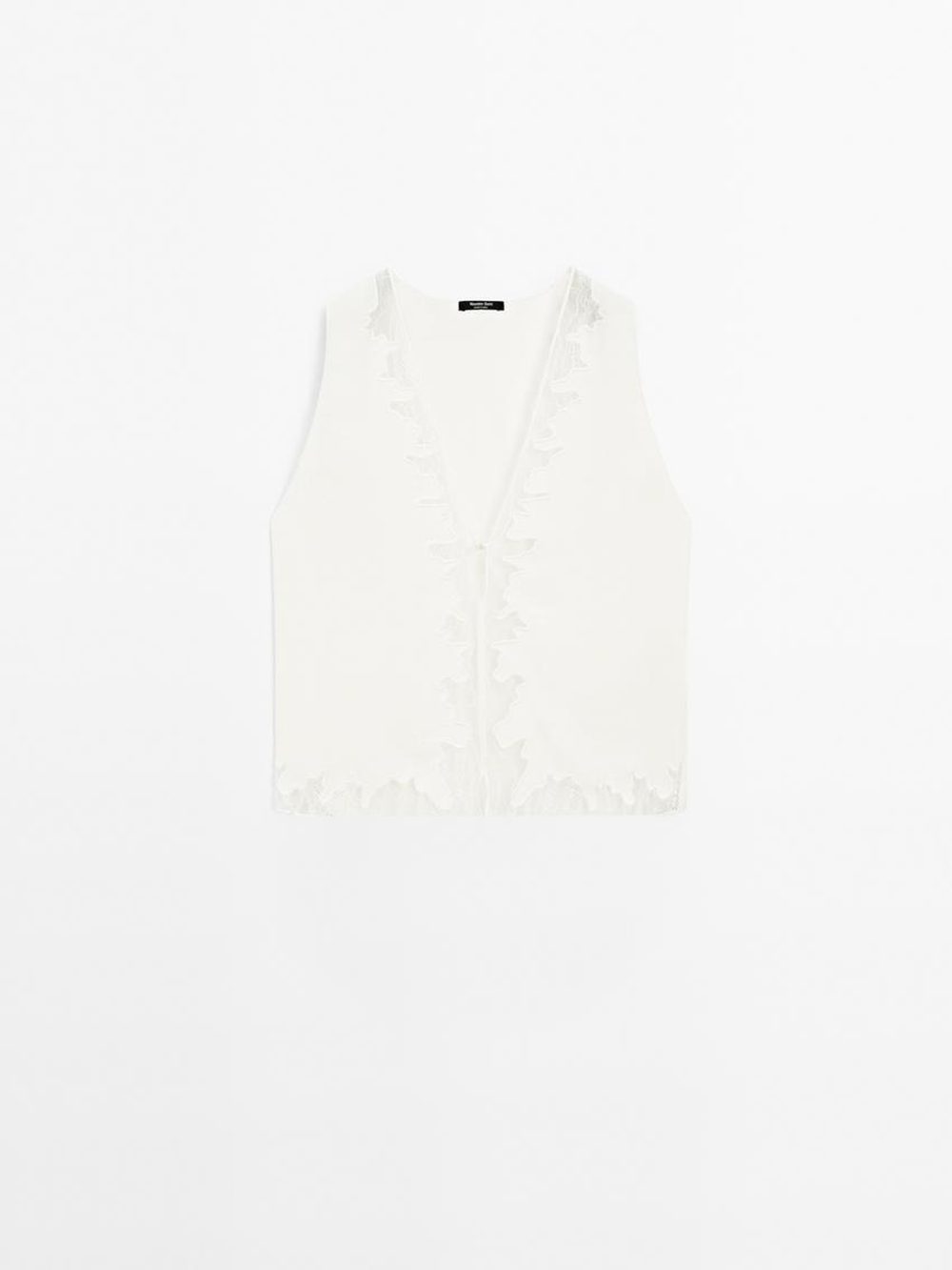 Massimo Dutti Блуза из струящейся ткани с отделкой кружевом, натуральный, кремовый