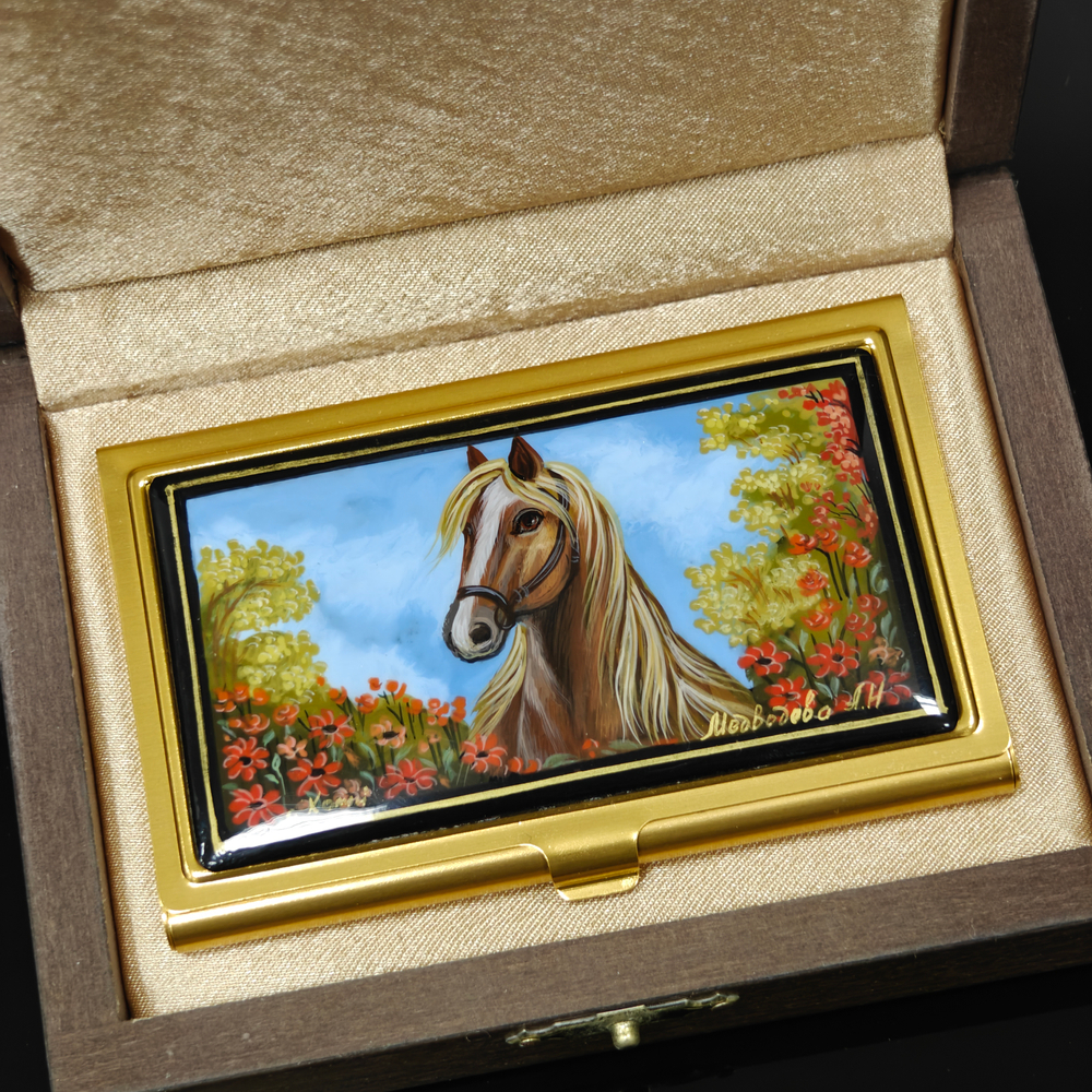 Коллекционная визитница "Рыжий конь" с ручной росписью Палех в футляре