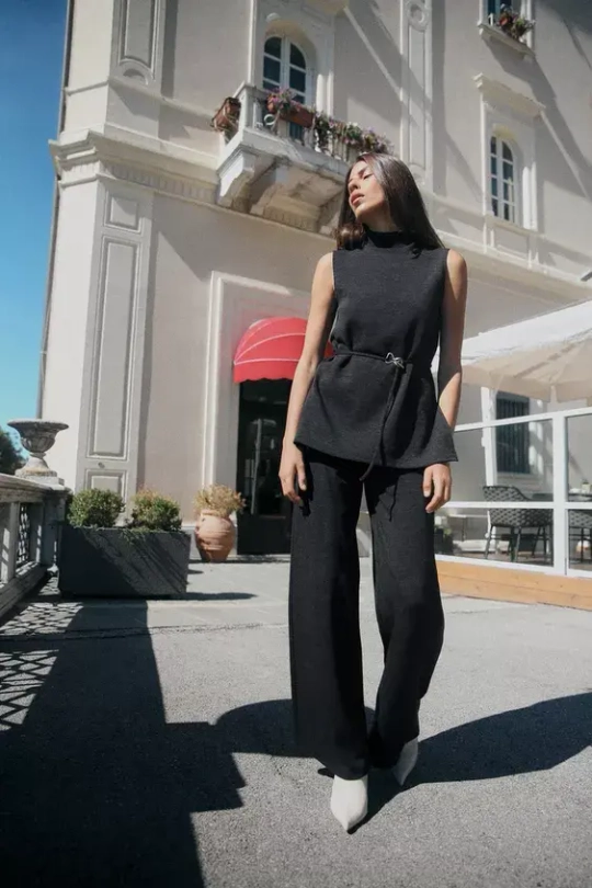 ZARA БРЮКИ SOFT ШИРОКОГО КРОЯ ИЗ ТКАНИ ПИКЕ, ЧЕРНЫЙ С МЕЛАНЖЕВЫМ ЭФФЕКТОМ