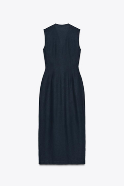 ZARA ПЛАТЬЕ-МИДИ С ПОЯСОМ, МОРСКОЙ СИНИЙ