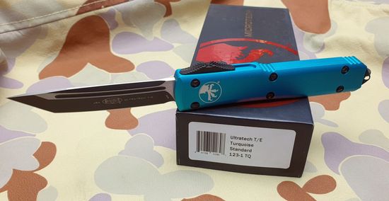Автоматический нож Microtech MT_123-1TQ Ultratech T/E, алюм. рук-ть бирюз, клинок 204P, DLC