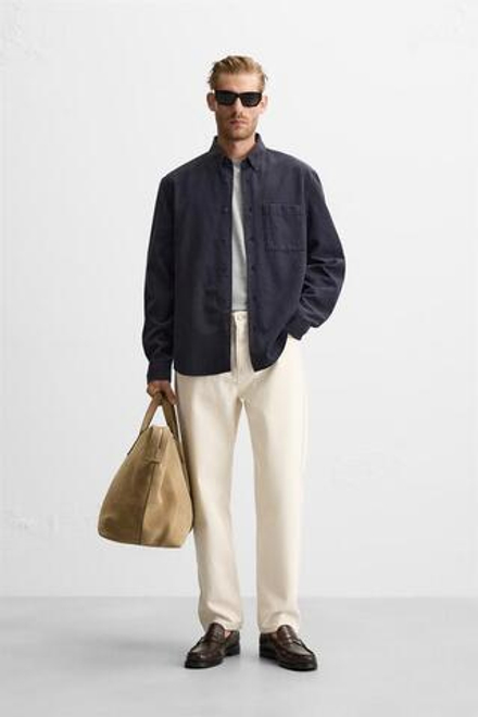 ZARA РУБАШКА ИЗ ХЛОПКА И ЛИОЦЕЛЛА, МОРСКОЙ СИНИЙ
