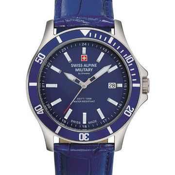 С ремешком Мужские наручные часы с синим кожаным ремешком Swiss Alpine Military 7022.1535 mens 42mm 10ATM
