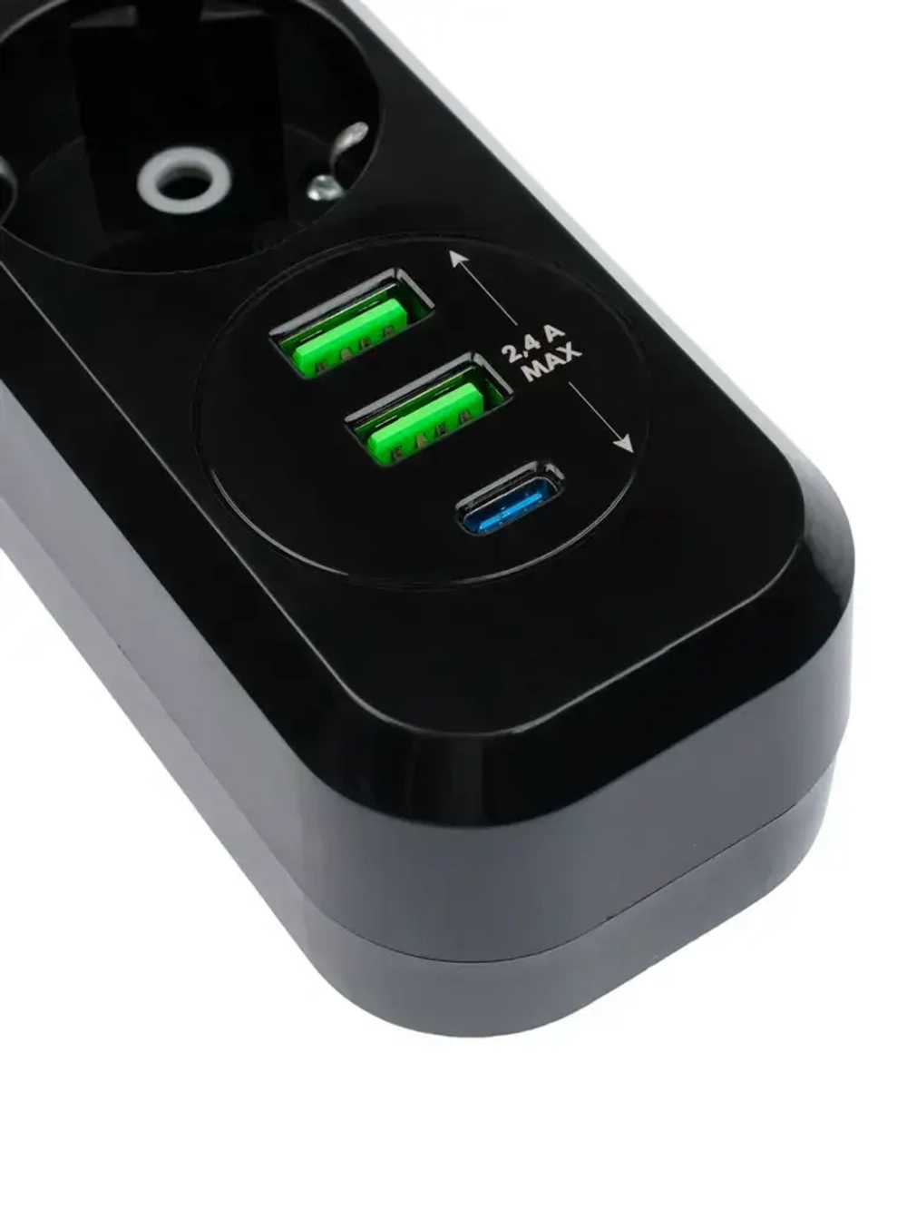 Сетевой фильтр Гарнизон с базовой защитой с заземлением с выключателем 3 розетки, 10A, 1xType-C, 2xUSB, 2 метра, черный