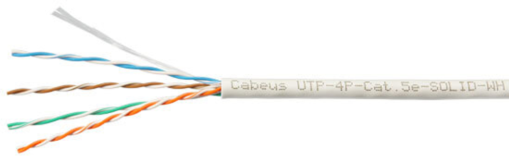 Кабель витая пара U/UTP 5e кат. 4 пары Cabeus UTP-4P-Cat.5e-SOLID-WH-100