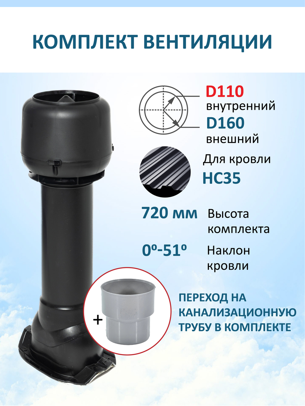 Вент. выход утепленный c колпаком D160 высотой Н-700 с переходом D110, для кровельного профнастила 35мм