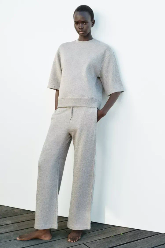 ZARA ШИРОКИЕ БРЮКИ ИЗ ТКАНИ С ЭФФЕКТОМ ПОТЕРТОСТИ, СЕРЫЙ С МЕЛАНЖЕВЫМ ЭФФЕКТОМ