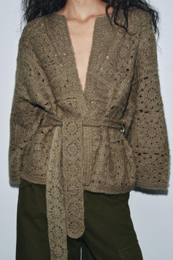 ZARA ВЯЗАНЫЙ КАРДИГАН С ПОЯСОМ, СВЕТЛЫЙ ХАКИ