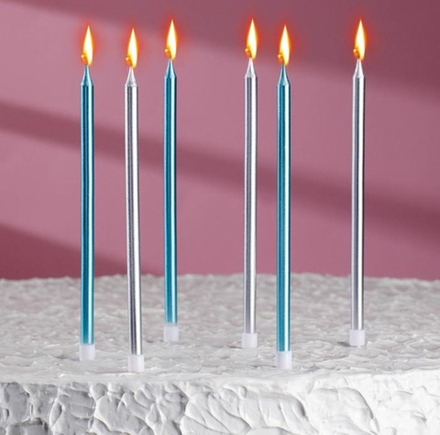 Набор свечей для торта, серебро и голубые, 13 см 6 шт