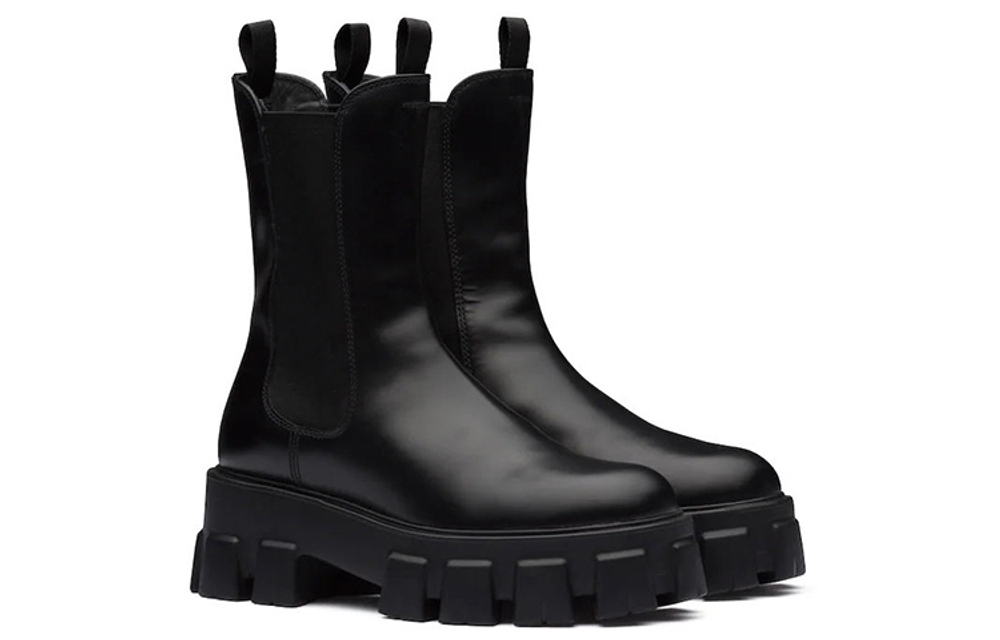 PRADA Prada Monolith glossy Leather Chelsea Short Boots Black