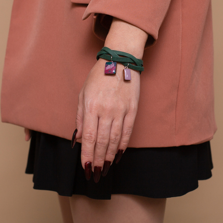 Браслет Кожаный - Квадраты Роспись - Изумруд