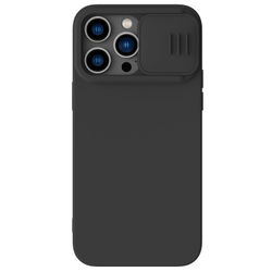 Чехол с мягким шелковистым покрытием от Nillkin для iPhone 14 Pro Max, серия CamShield Silky Silicone Case с защитной шторкой для камеры, цвет черный Classic Black
