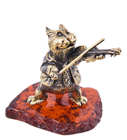 Народные промыслы AM-3864 Фигурка «Кот Скрипач» (латунь, янтарь)
