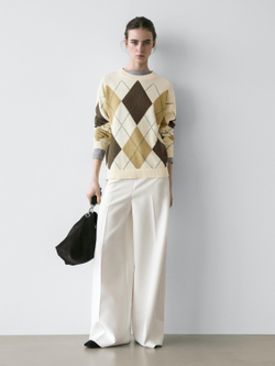 Massimo Dutti Хлопковый вязаный свитер с узором ромбы, натуральный/кремовый