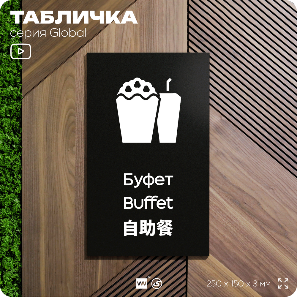 Табличка Буфет, информационная и мультиязычная (русский, английский, китайский), серия GLOBAL, 25х15 см, Айдентика Технолоджи