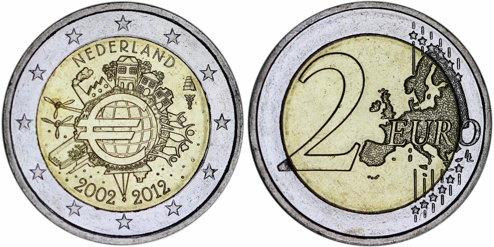 Нидерланды 2 евро 2012 10 лет наличным XF