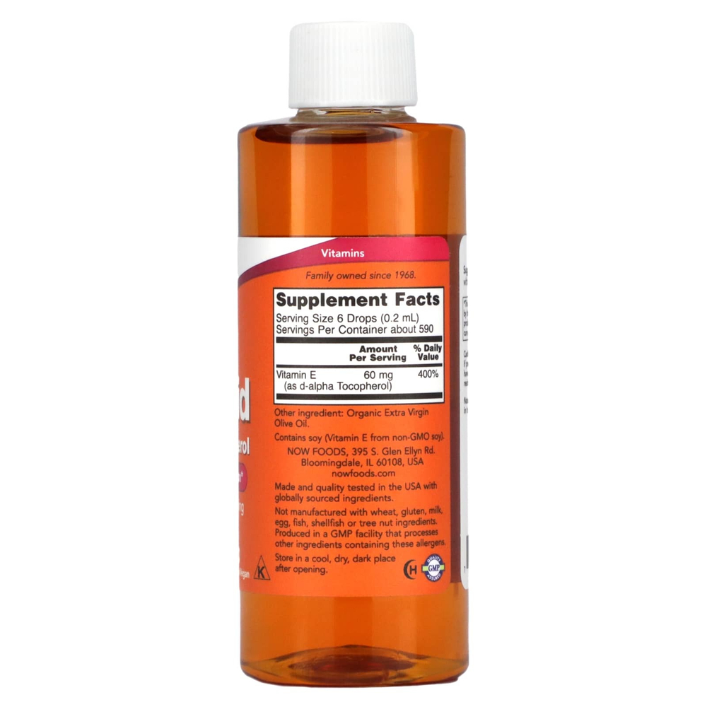 NOW Foods, Жидкий витамин E, D-альфа токоферол, 60 мг (90 МЕ), 118 мл (4 жидк. Унции)