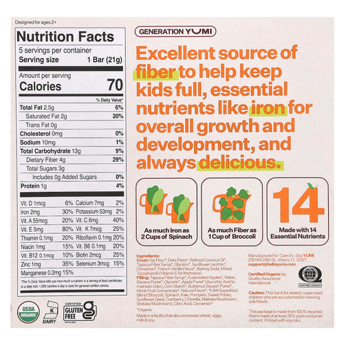 Yumi, органический батончик, для малышей, яблоко, корица и тыква, 5 шт. по 21 г (0,74 унции)