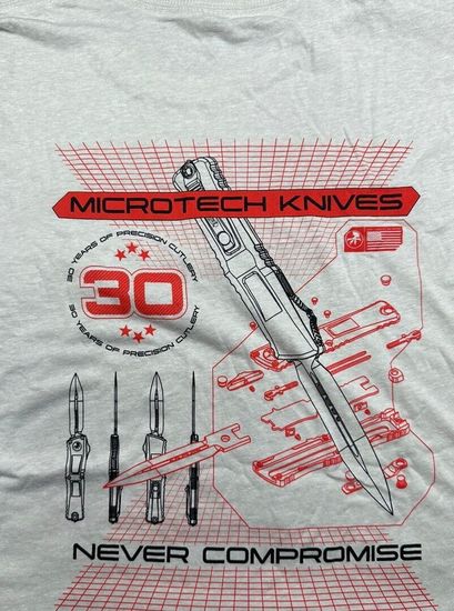 Футболка мужская, белая юбилейная 30лет,перед-лого Microtech,спина-нож с лого и надп."Never compromose", размер L